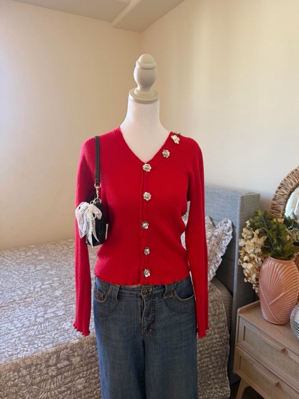 V-Neck Red Ribbed Button Sweater with Floral Gem Buttons